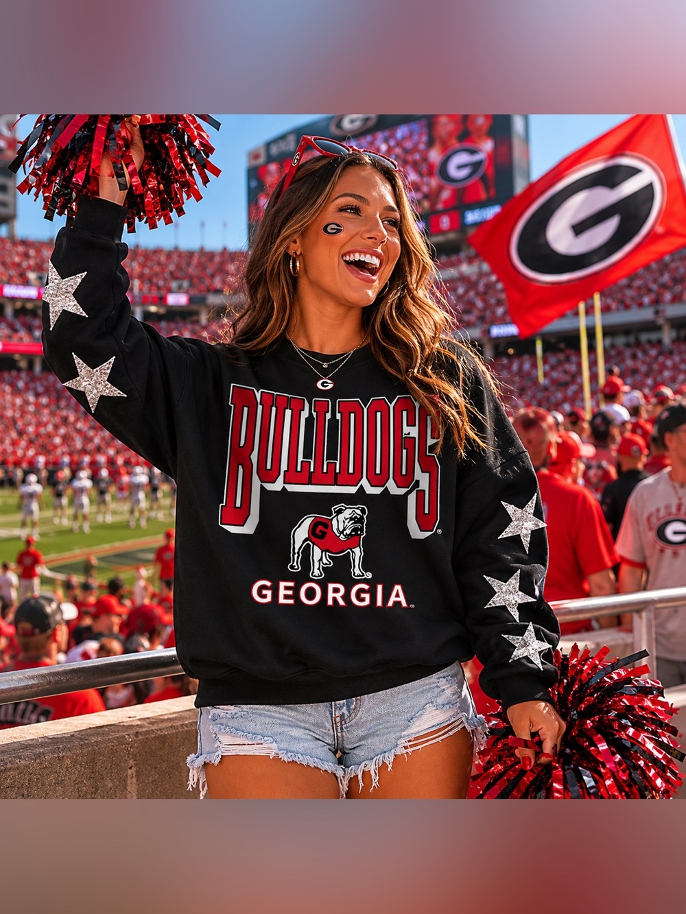 NFL Georgia Bulldogs Black Crewneck with Red Logo and Silver Stars